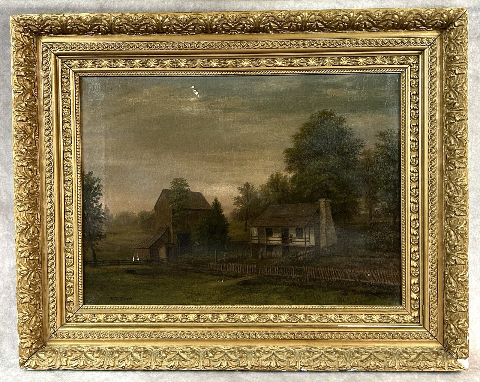 Antique 19thC Oil Painting Landscape Cottage A.T. Scott Signed Ornate Gilt Frame