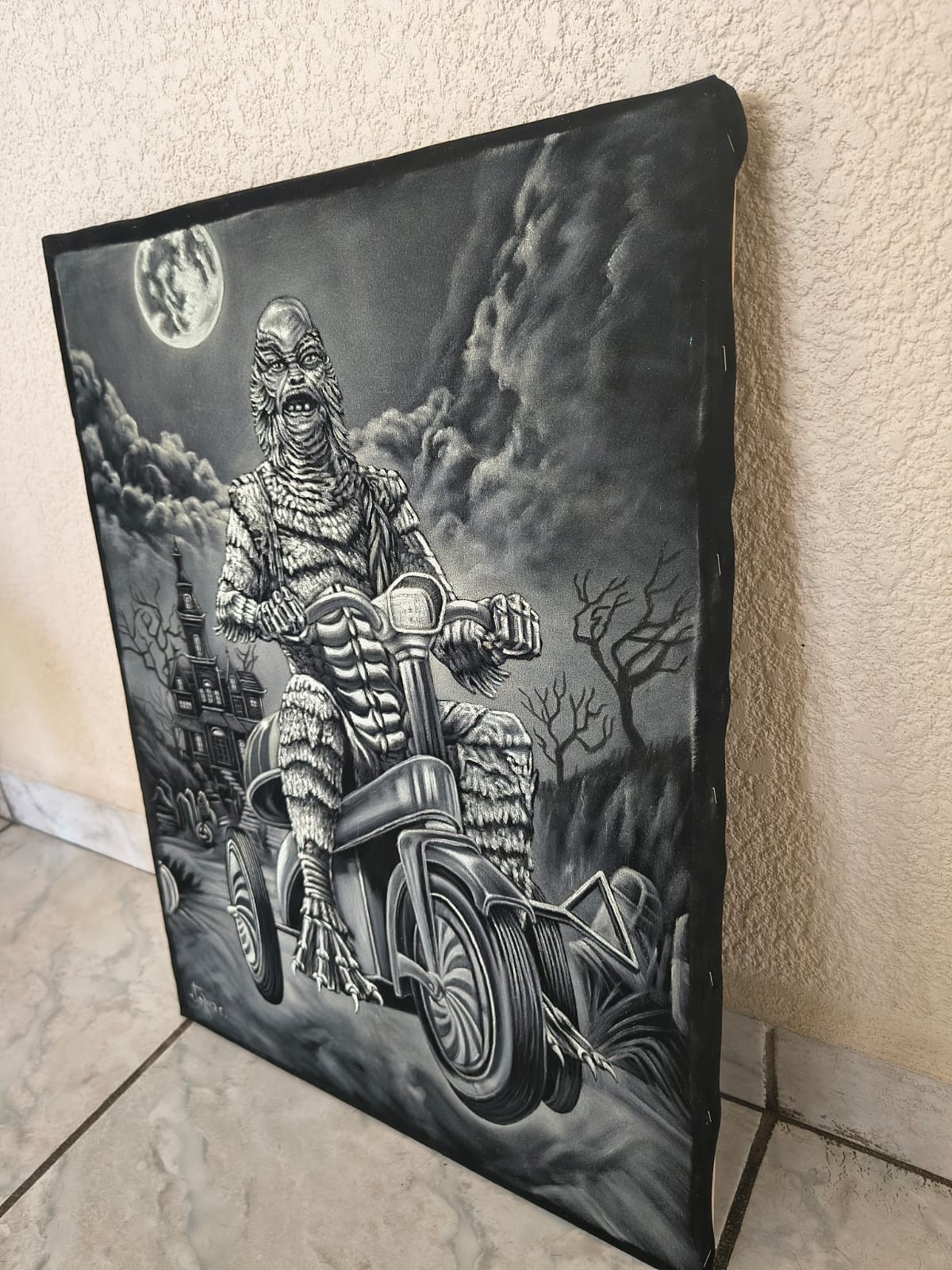 Creature from The Black Lagoon Bizarre Monster Black Velvet Painting Fine Art