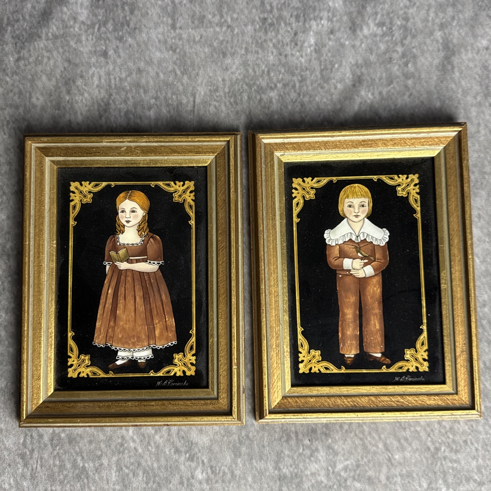 Set If 2 Vintage Reverse Glass Paintings By A B Kaminsky Boy & Girl 8” x 6”