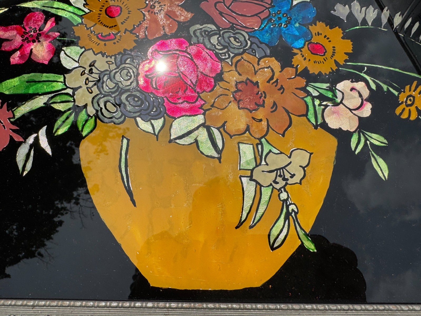 VINTAGE 1958 TINSEL REVERSE GLASS FRAMED PAINTING FLORAL BOUQUET FOLK ART NICE