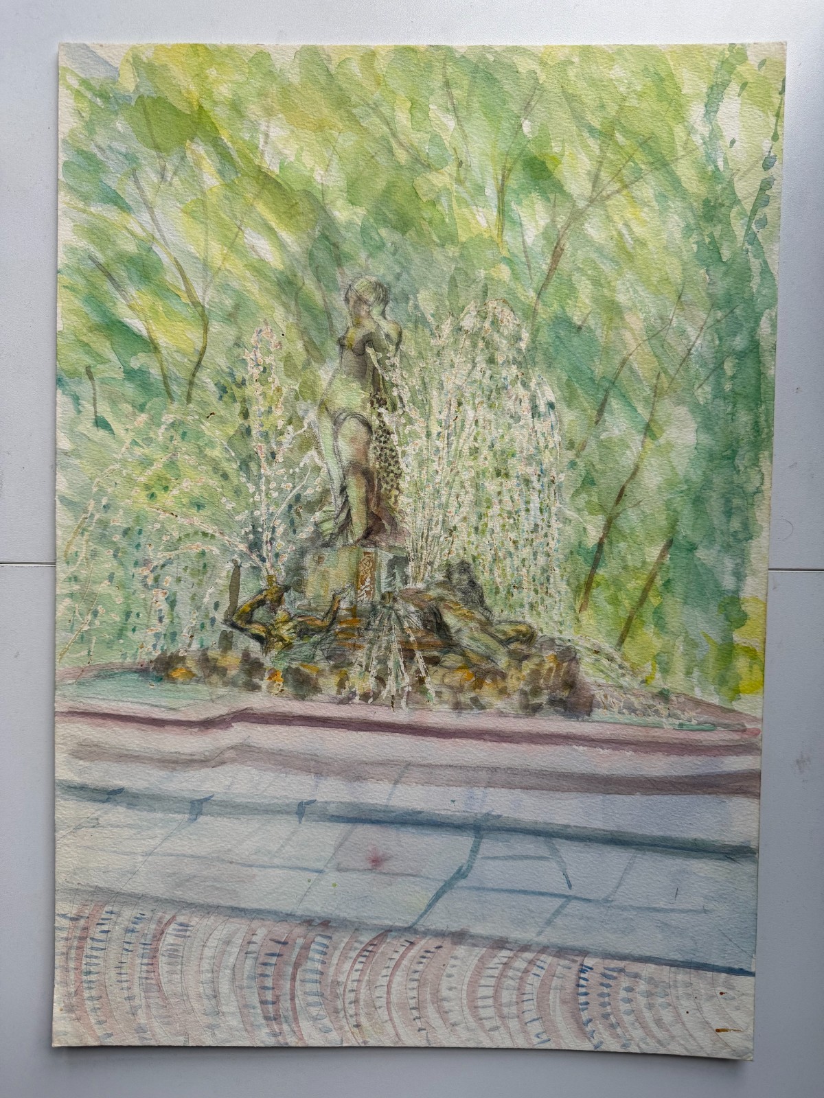 Vintage Watercolor Painting Park Statue Fountain Outdoor Landscape 14 x 20 OOAK