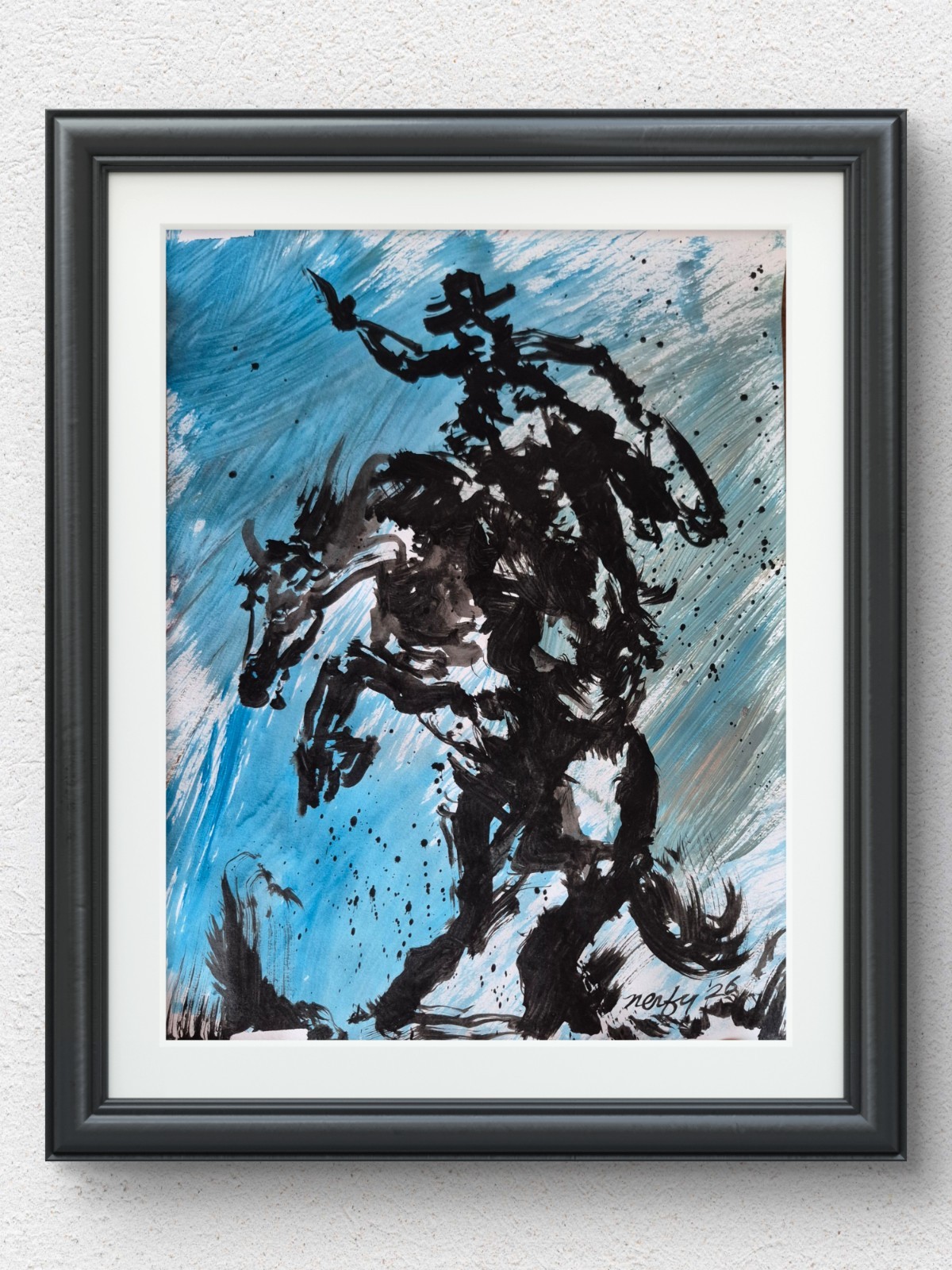 Original Hand Painted 11×14 Abstract Cowboy Acrylic Signed Home Decor Blue P110