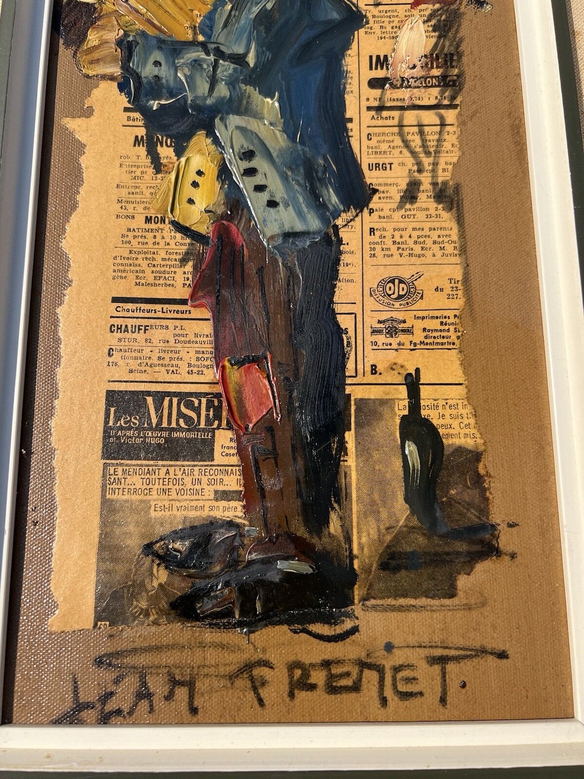 VTG 1962 Paris Jean Trenet Musician Figure Art Mix Media Oil Collage Canvas 19″