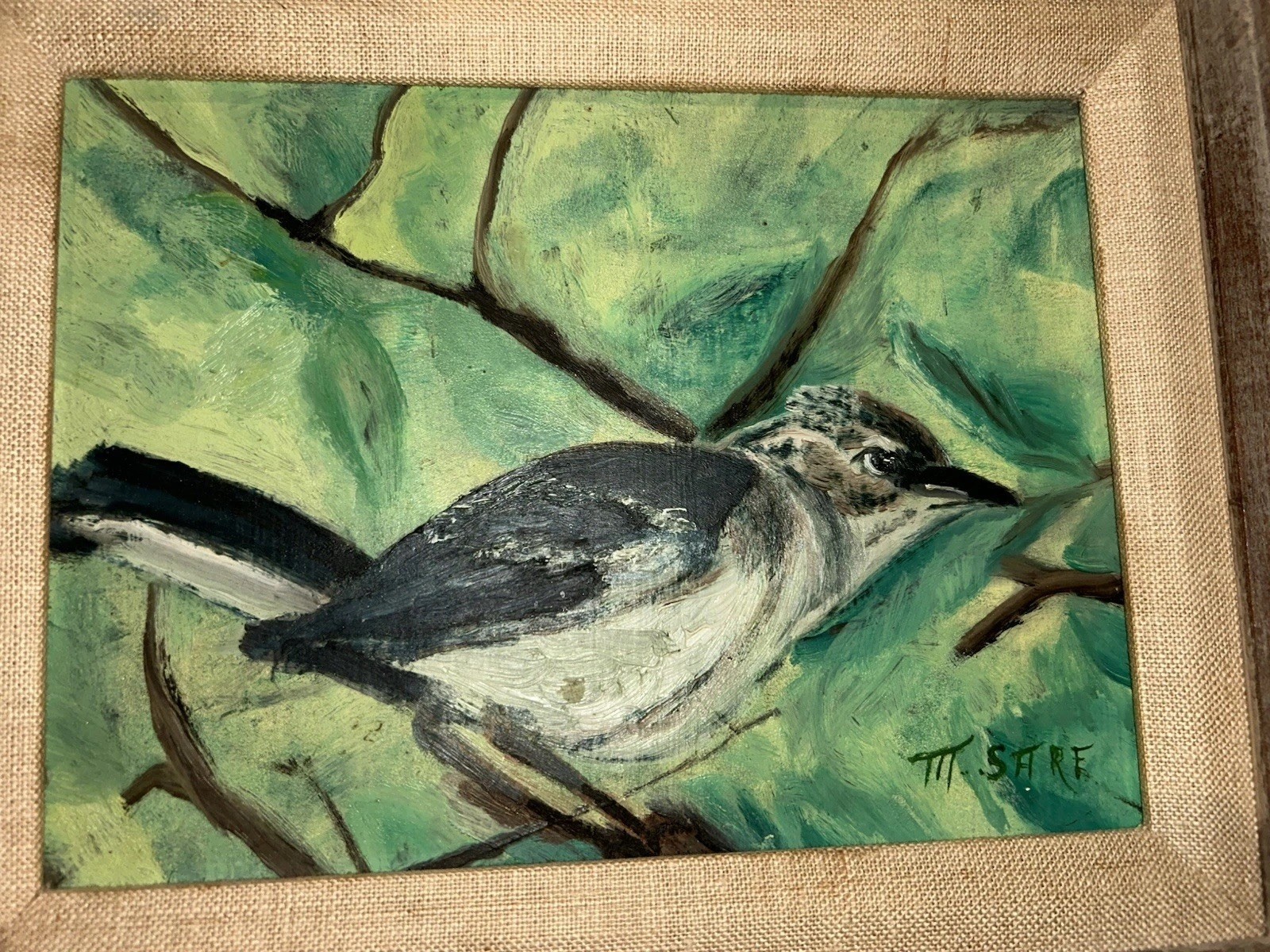 VTG Original Bird On Branch Mockingbird Signed M Sare 14.25”T 16.25”W Framed