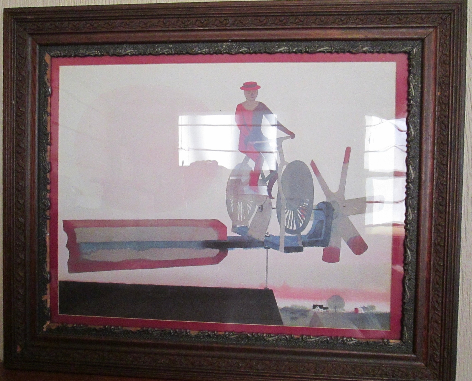 Vintage 35.25″ x 29.25″ Wood Frame Man & Bicycle Weathervane Watercolor Painting