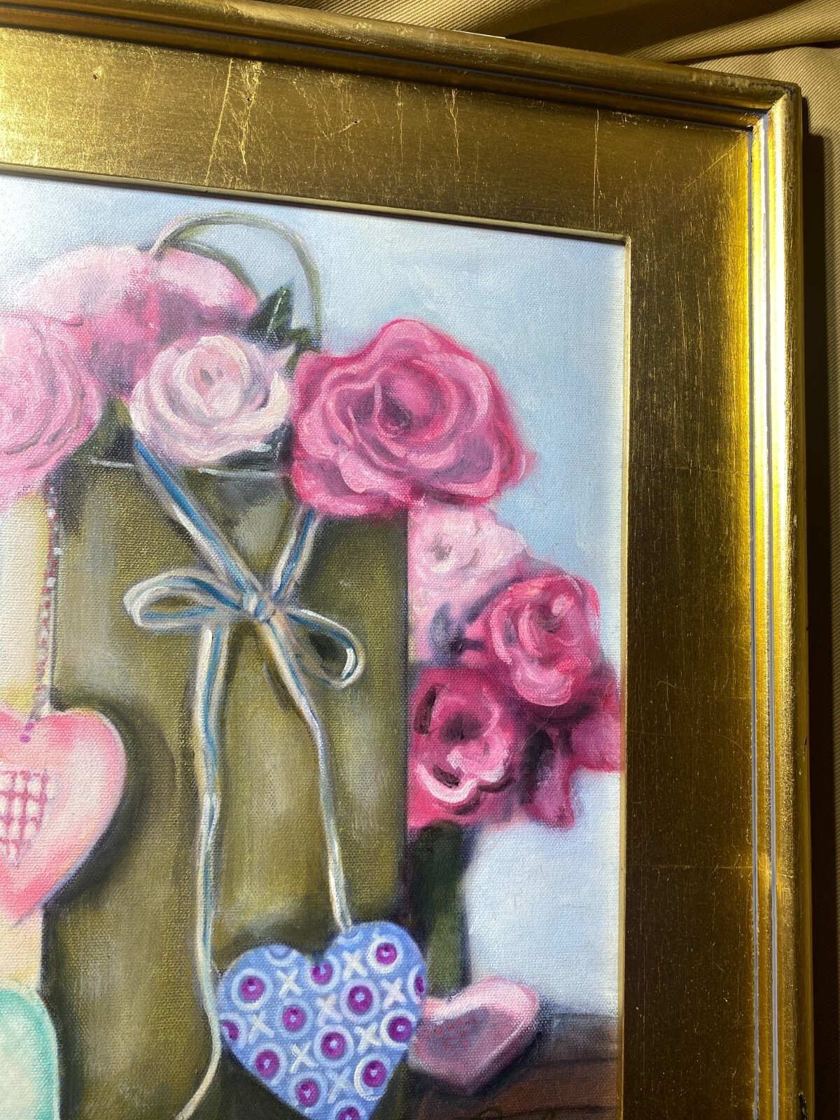 Pearl Mintzer «Hearts And Flowers Scene» Oil Painting – Signed And Framed