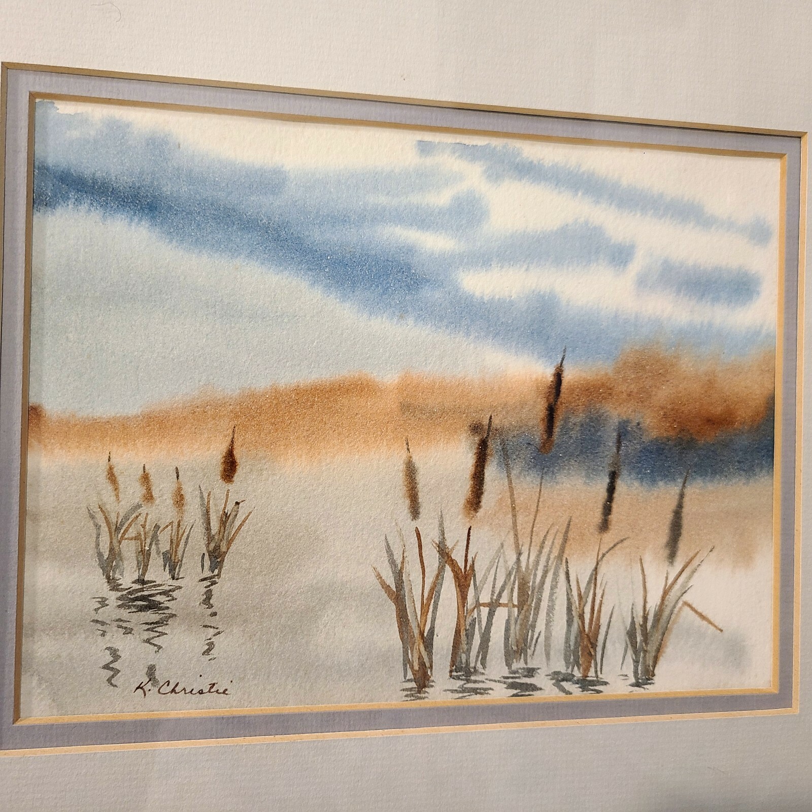 Cat Tails Beach Water Color Art. Scenic. Framed app 15×12″. Signed K Christie