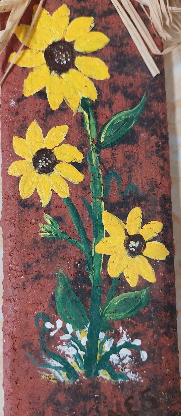 Vtg Hand Painted Sunflowers 8×2.5” On Brick Veneer Signed NES Farm House Style