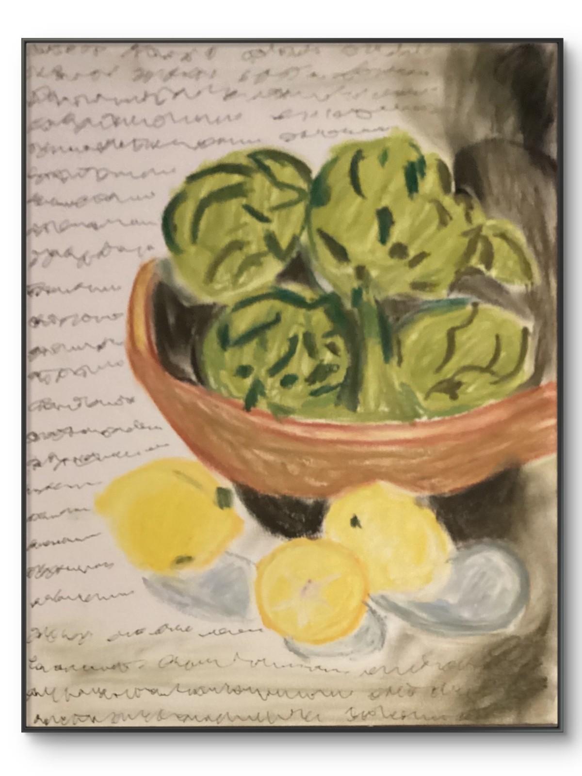 Lemons Artichoke Green Food Doodle Abstract Modern Original Art 11×14 Paper