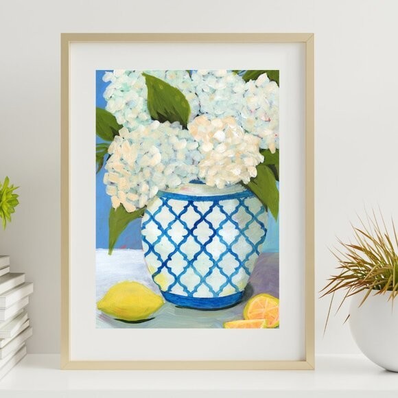 Farmhouse Style Hydrangea Painting White & Blue Vase Floral Decor Fashion Art