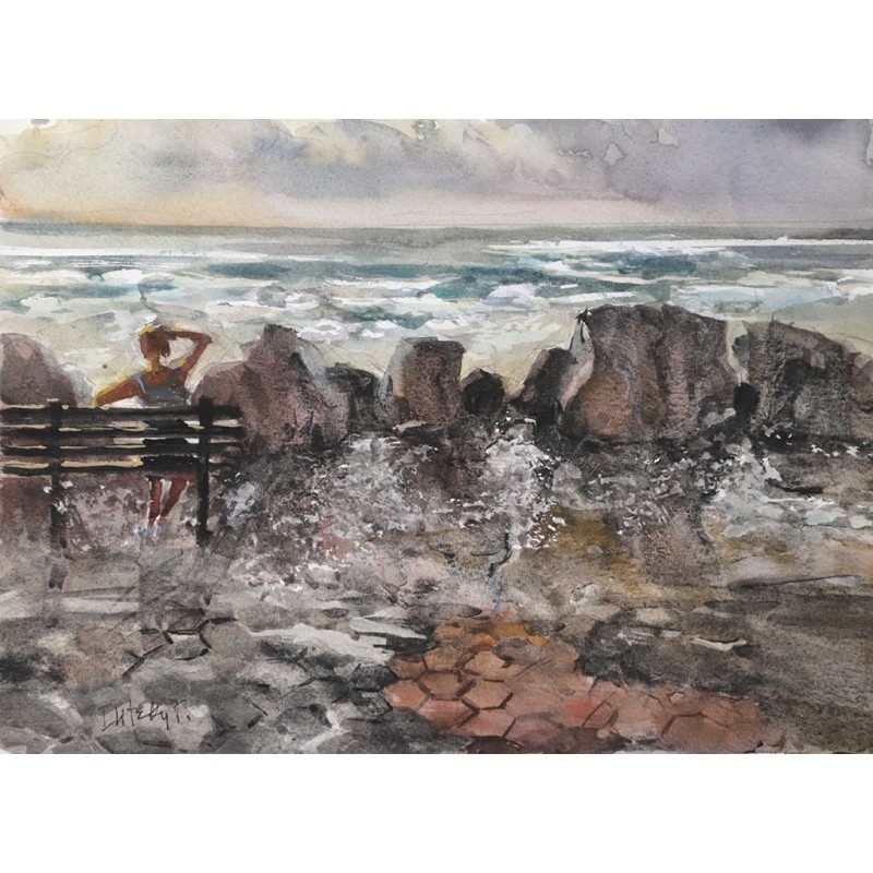 ORIGINAL Art Watercolour Seascape Waiting for the Wave 9″x12.2″ Tatiana Ilitzky