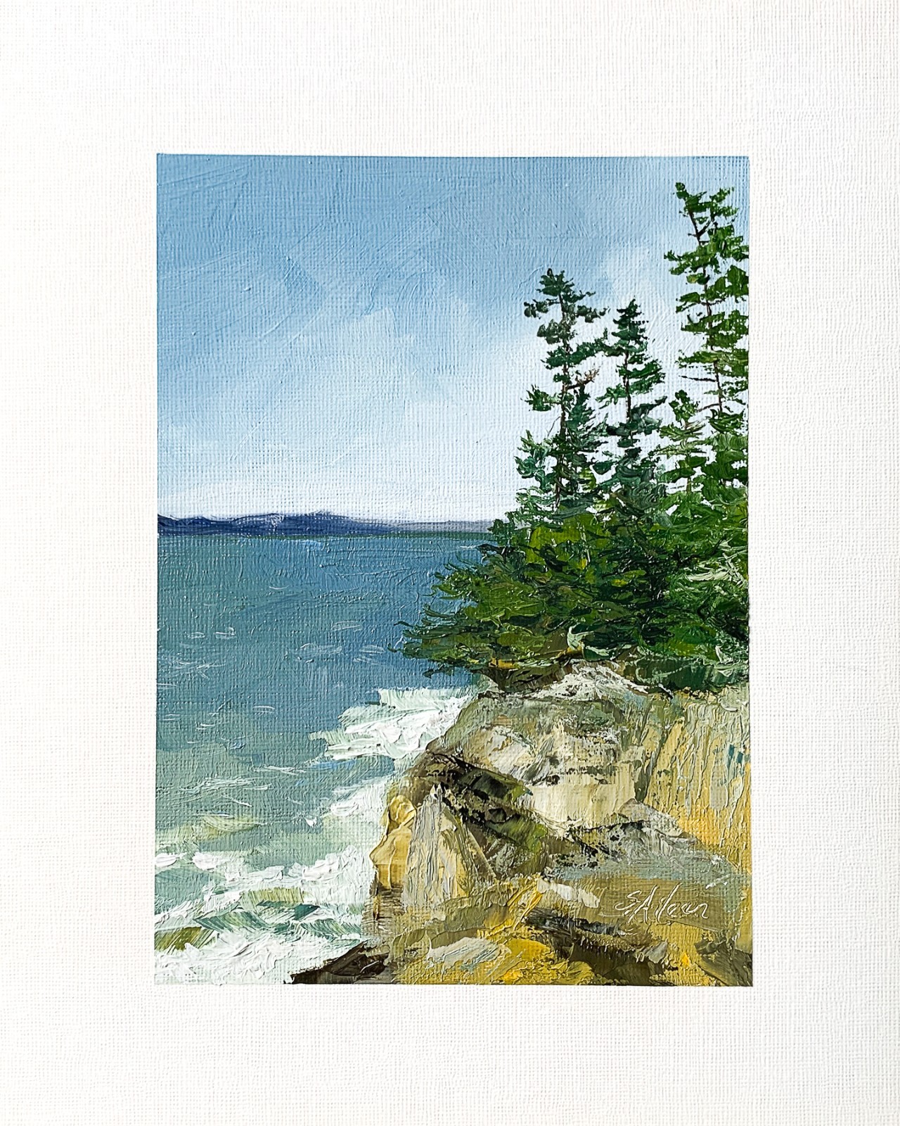 8×10 Maine Original Oil Painting Atlantic Ocean Rock Pinetree New England Signed