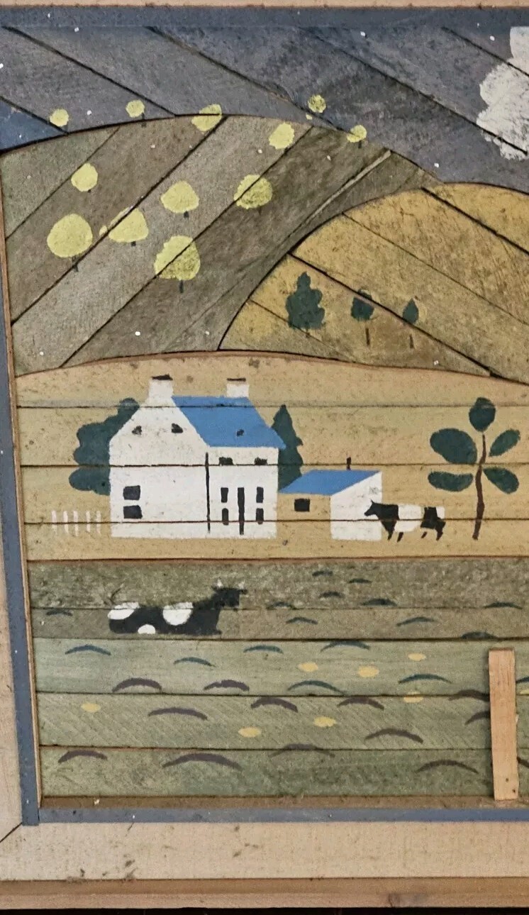 Vintage Theodore Degroot Lath Art Farm Wood Mosaic 37×25 Signed Folk