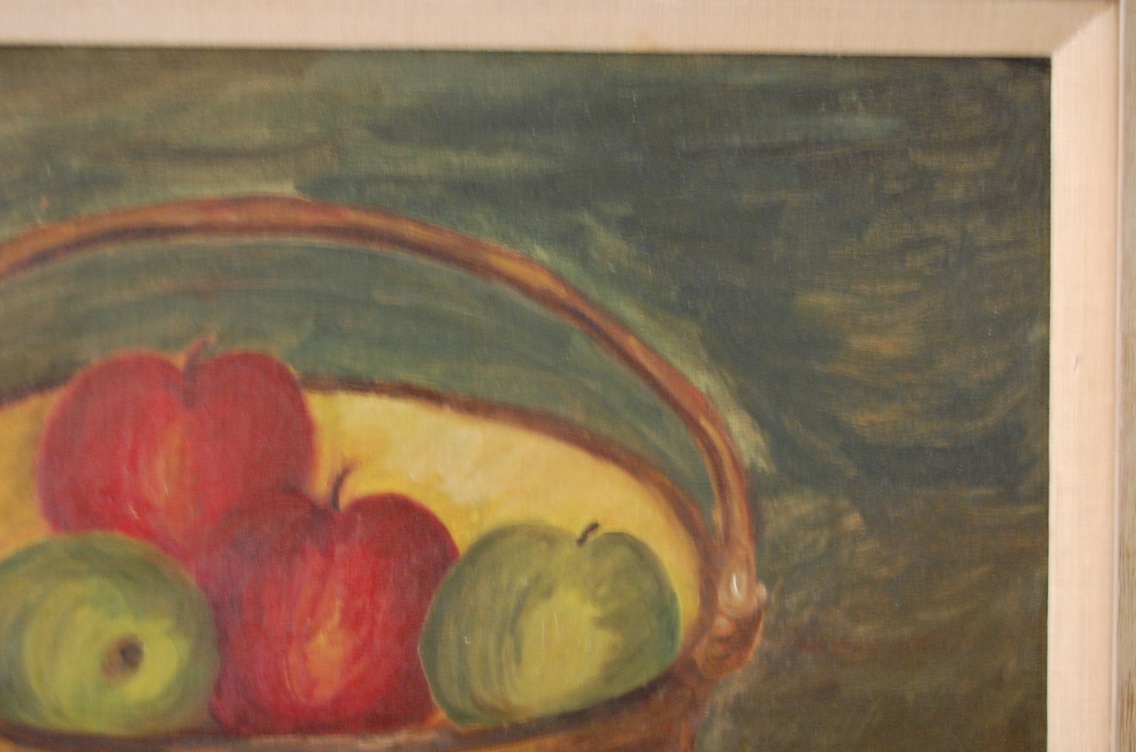 VTG 1950’S MCM FRAMED ORIGINAL PRIMITIVE FOLK ART OIL APPLES & POT A STILL LIFE