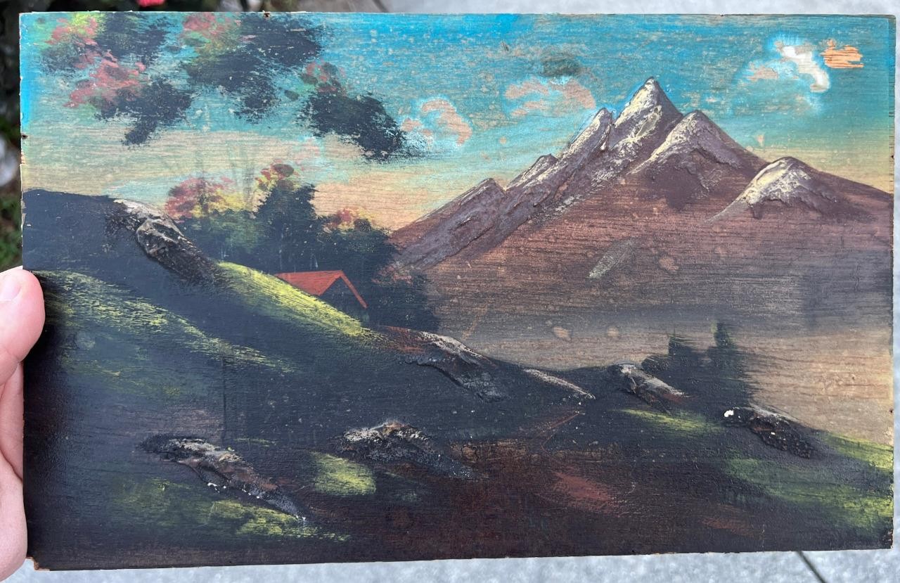 Old Vintage American Oil Painting Mountain Cabin Rural Landscape Original Art