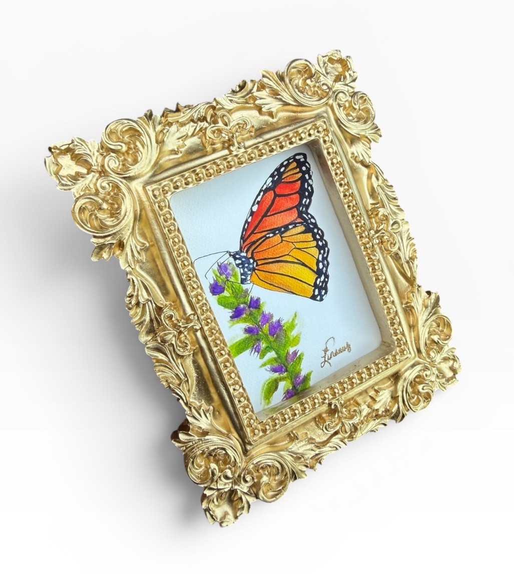 Monarch Butterfly and Lavender mini print in gold vintage style ornate frame