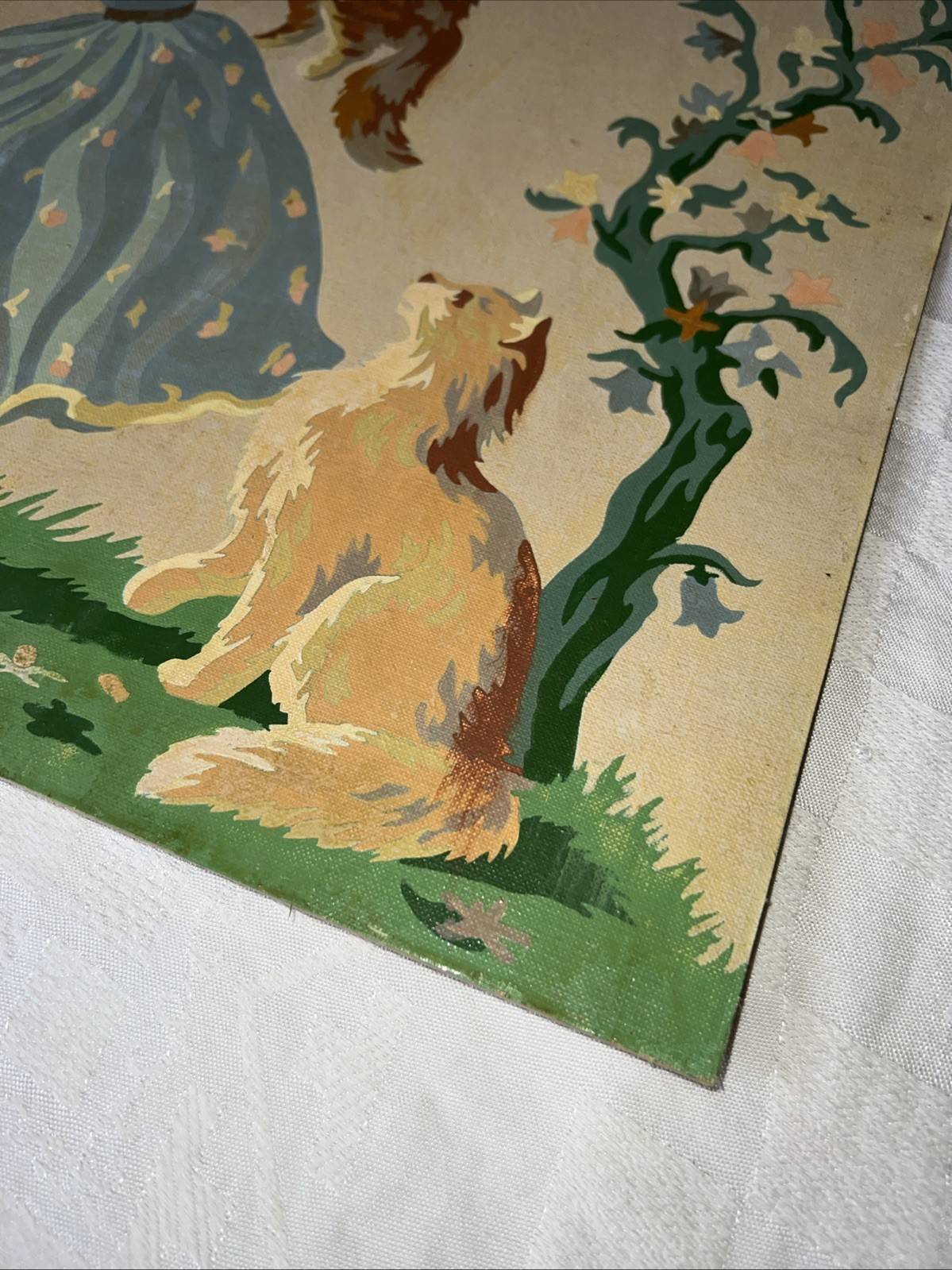 VTG 1950s Paint By Number Little Girl & Kittens Storybook Coquette Art 16×20