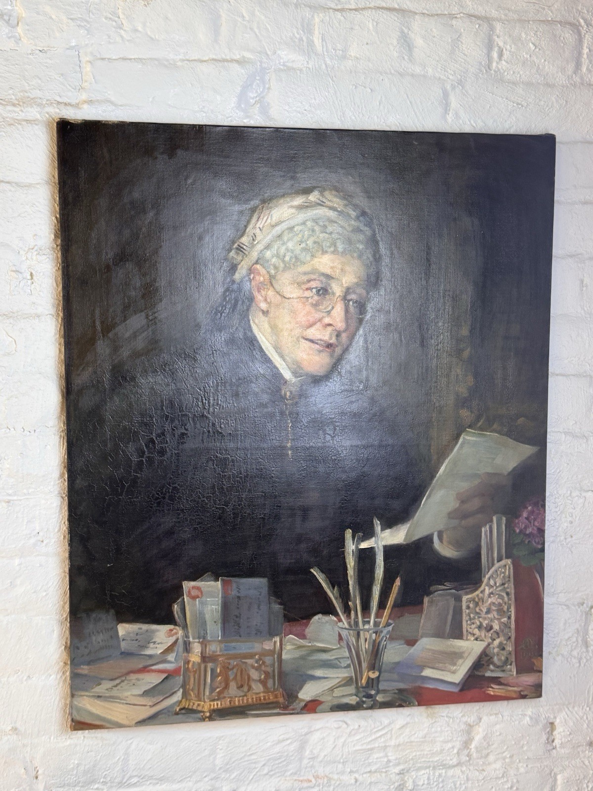 Antique 1903 Oil Portrait Painting Elderly Woman Reading Letter 25” x 30”