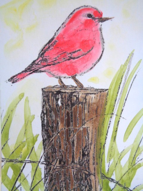 ACEO Little RED BIRD Painting Art