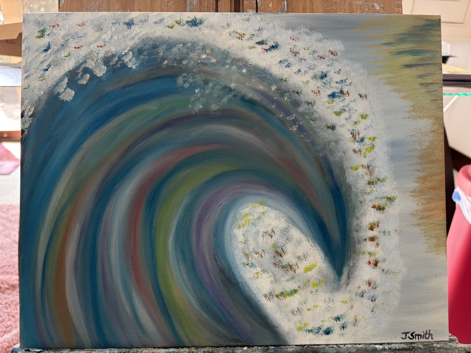 Oil painting original art on canvas 11 x 14 inches colorful abstract Ocean wave