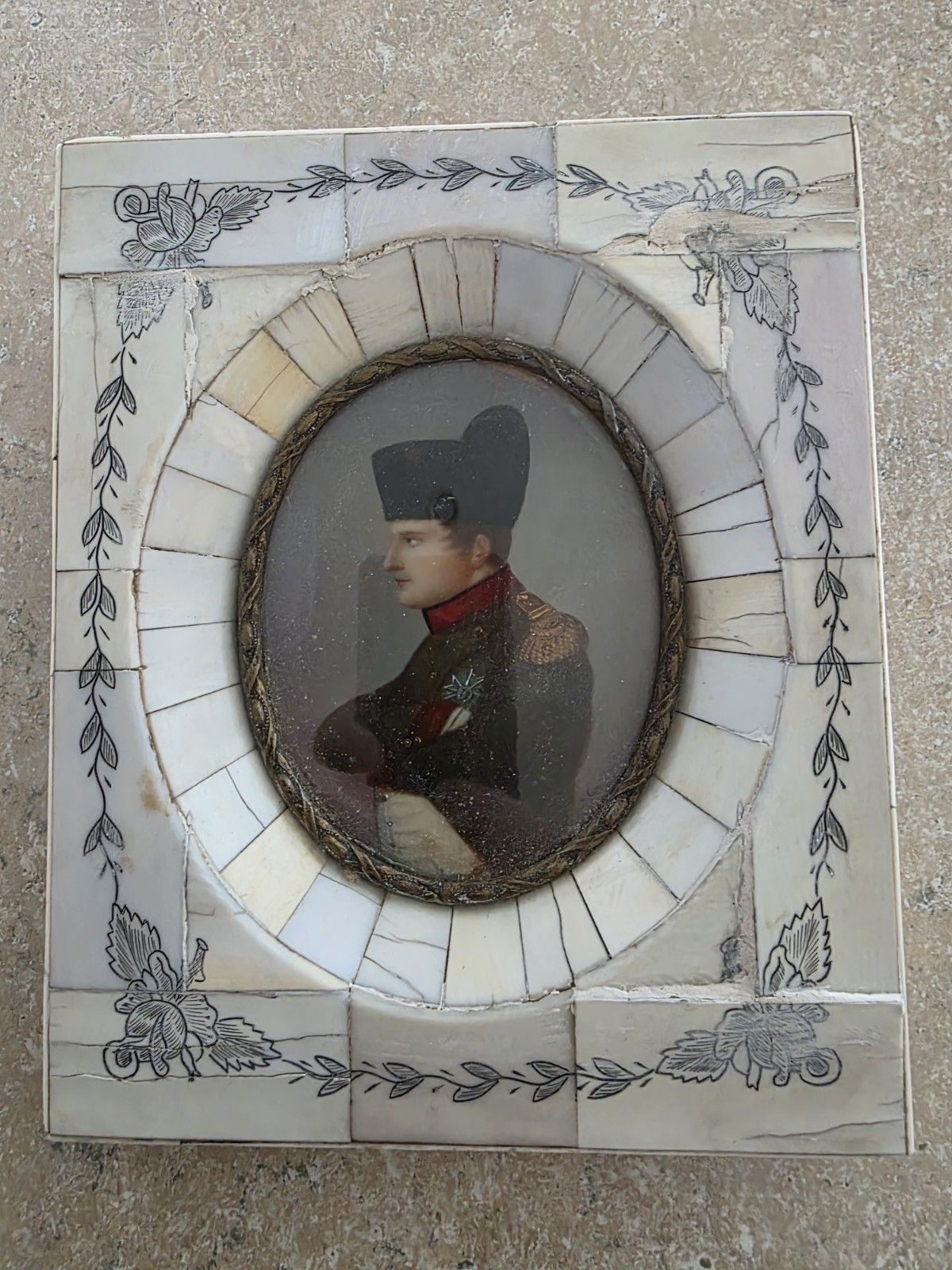 Antique French Miniature Napoleon Portrait in Piano Key Frame