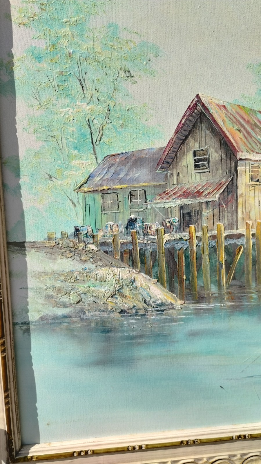 Huge John Luini New England Harbor Fishing Boat Vtg Canvas Oil Painting 52″x29″