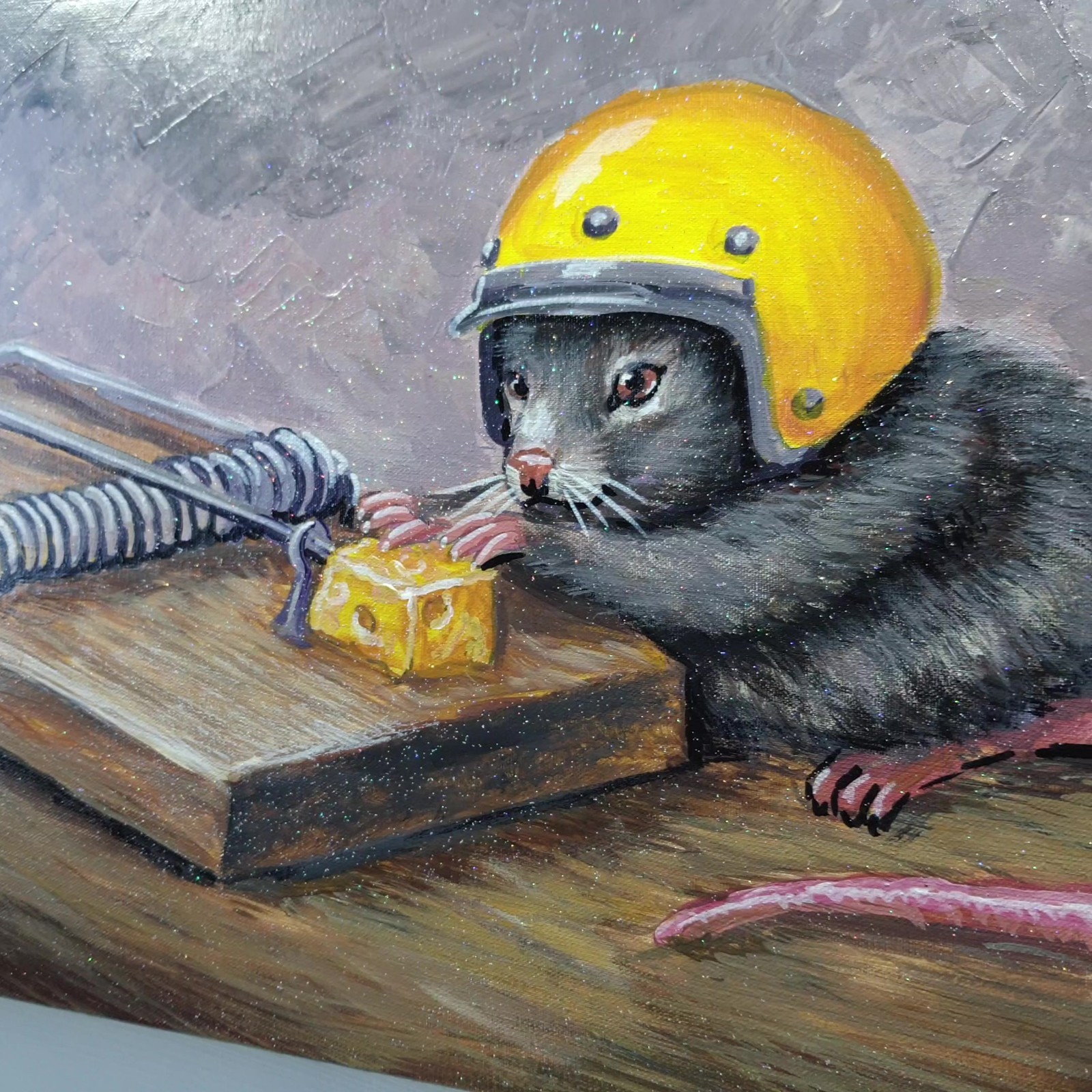 Original Acrylic Painting Mouse Yellow Helmet Cheese Trap Canvas Humor Wall Art