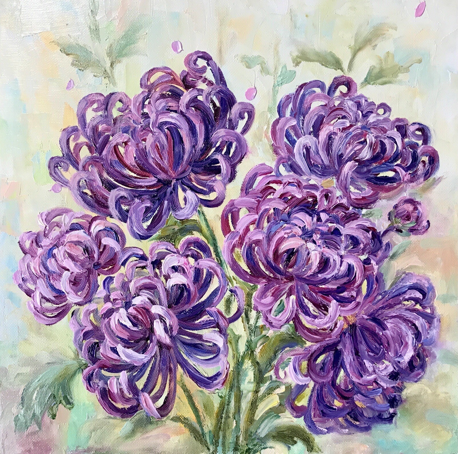 Chrysanthemum Original Oil Painting Purple Flower Wall Art 12×12 Floral Decor