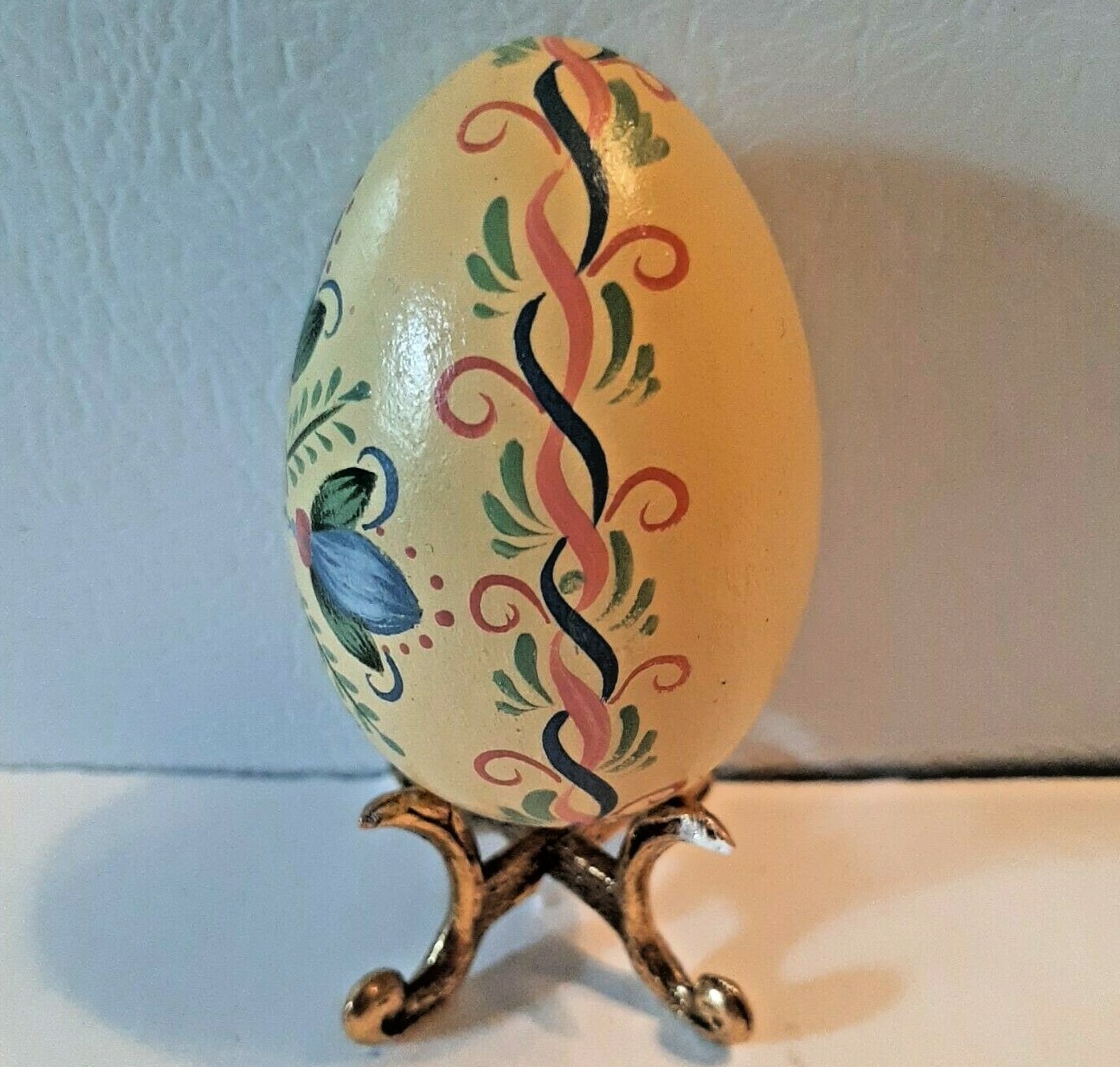 Yellow Blue Decorative Egg Hand Painted Folk Art Easter Decor Signed Wooden OOAK