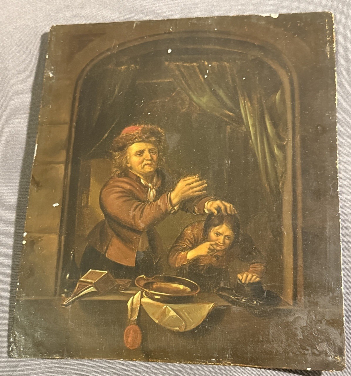 Antique Oil on Tin Painting of Tooth Extraction early dentist macabre