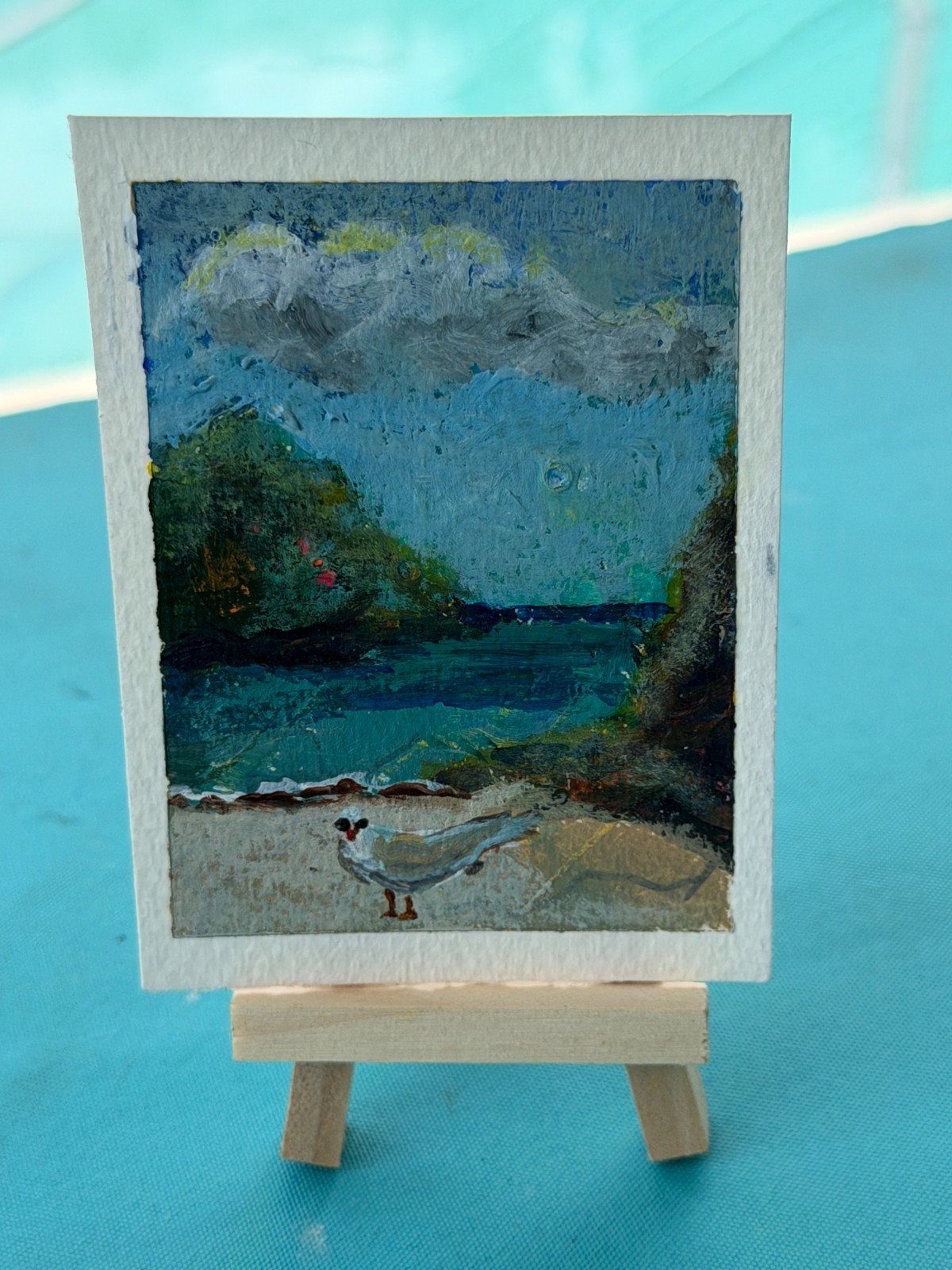 ACEO Seagull cove seascape mountain wave sassy seagull vibrant sunny day