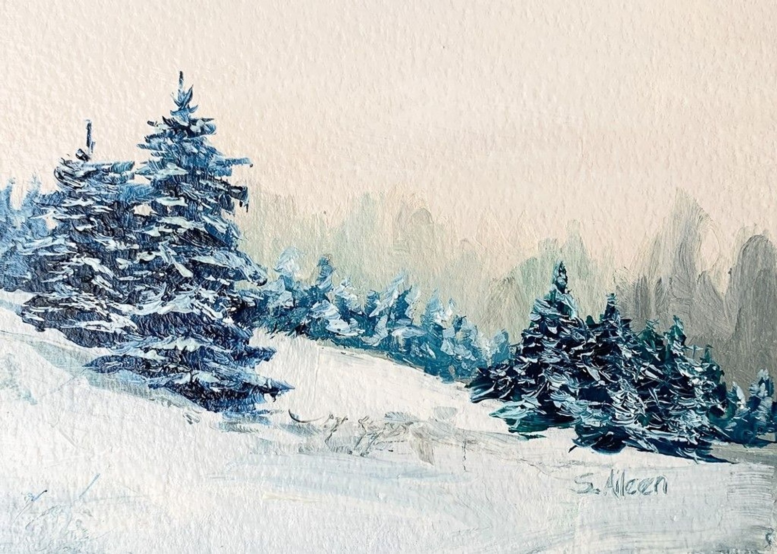 5×7 Original Oil Landscape Painting Snowy Winter Forest Pines Nature Art Signed