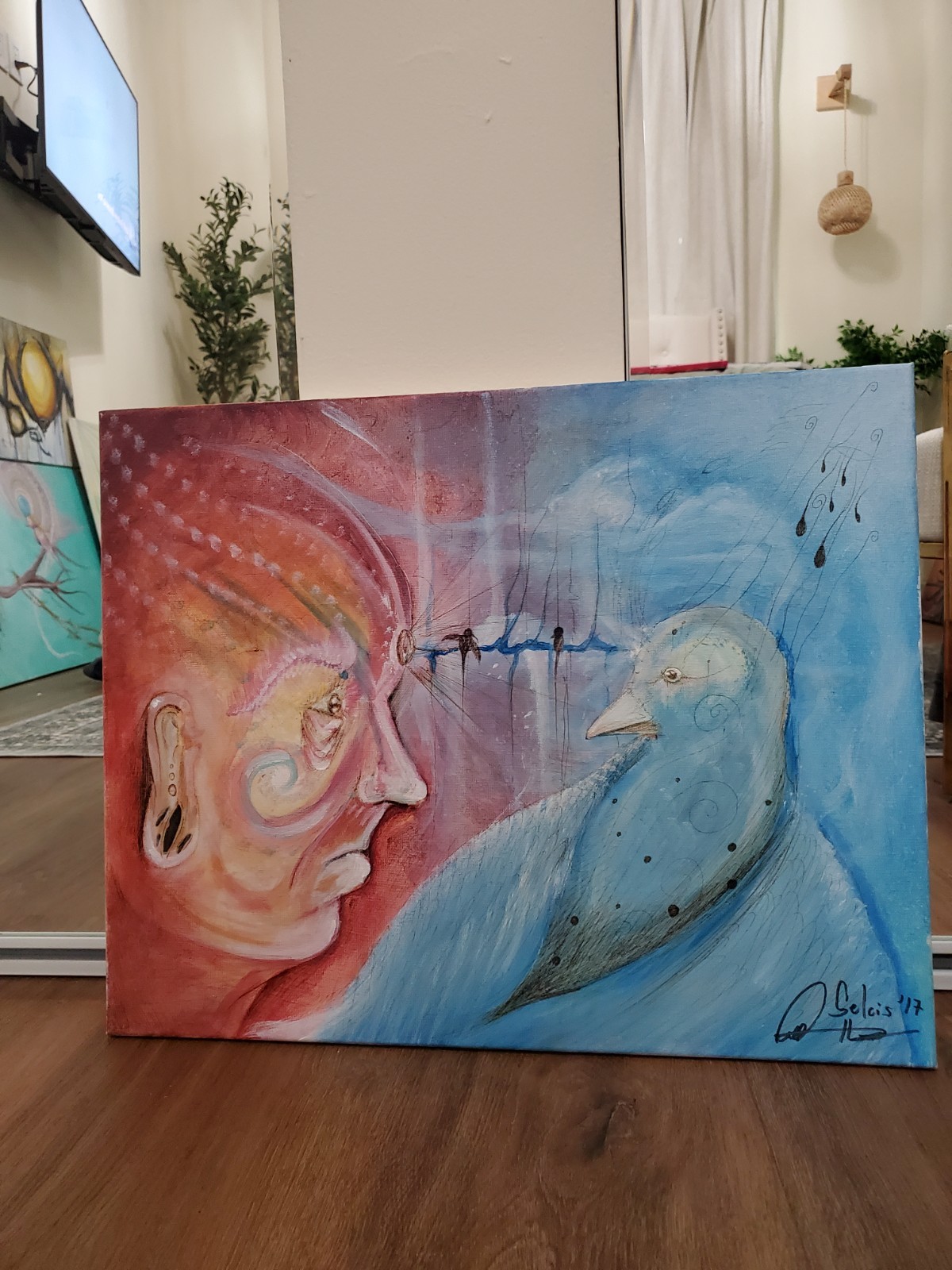 Surreal painting handpainted with acrylic and inks on canvas