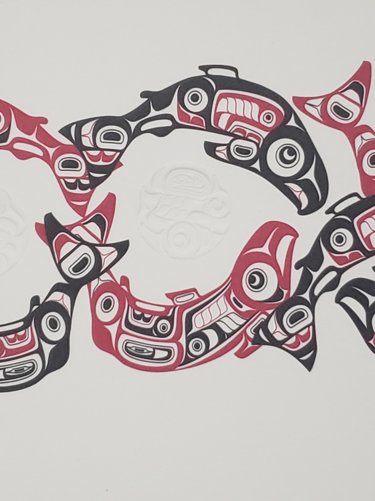Marvin Oliver Embossed Print w/ Mat «Spawning Salmon» Native American Red 10″x8″