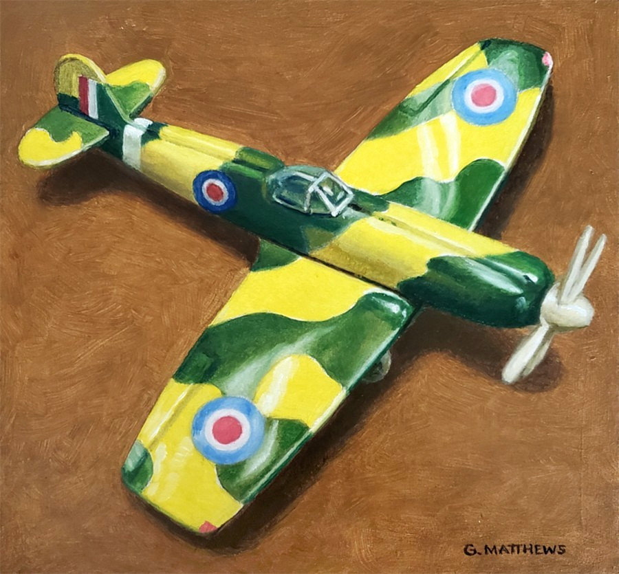Original Oil Painting Spitfire Airplane Tin Toy Still Life 6 x 6 in. NEW