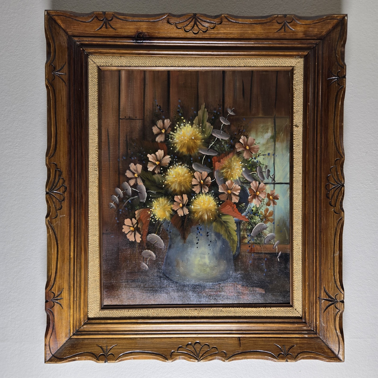 Vintage 1970s Moody Floral Oil Painting Heavy Carved Wood Frame – 24″ x 28″