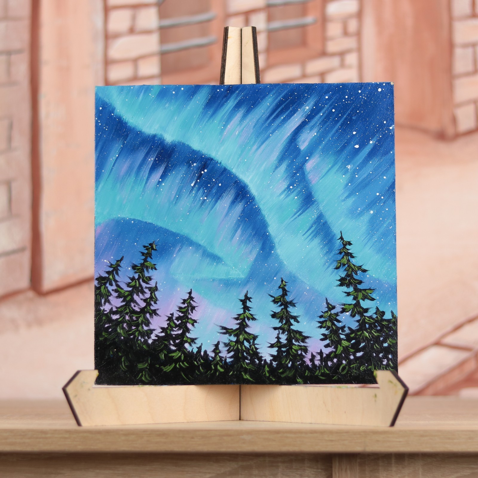 Northern Lights Oil Painting Original Pine Trees Under Aurora Borealis Night 8×8