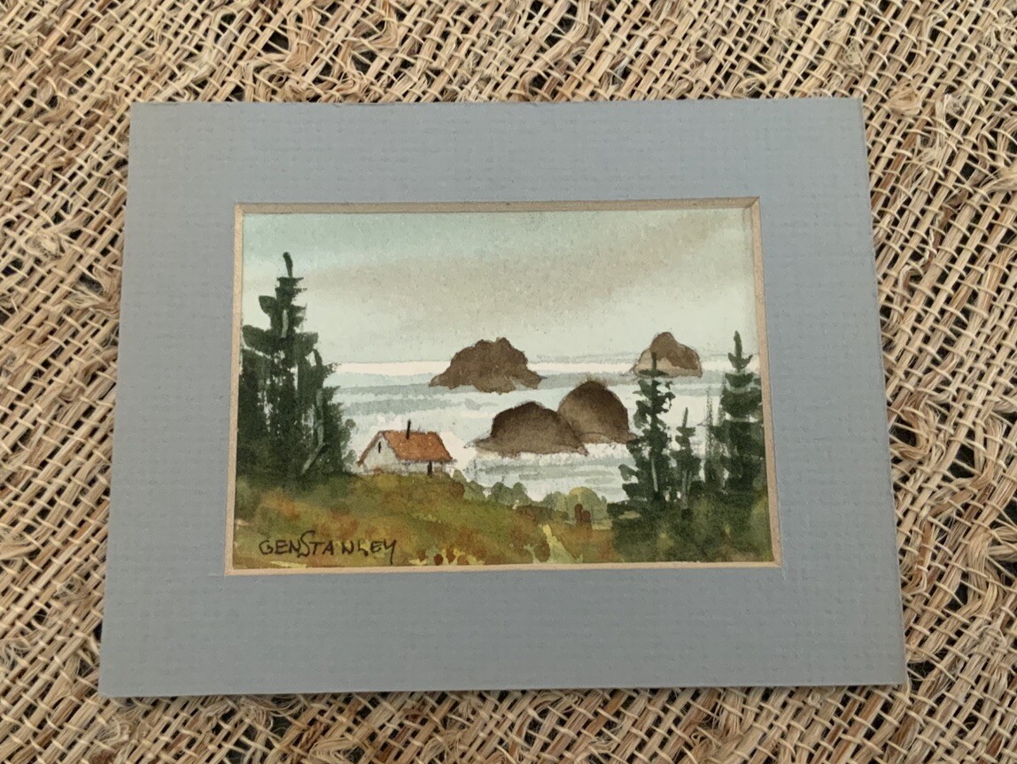 5”x4” Mini Gen Stanley Signed Original Watercolor Ocean & House Scene Painting