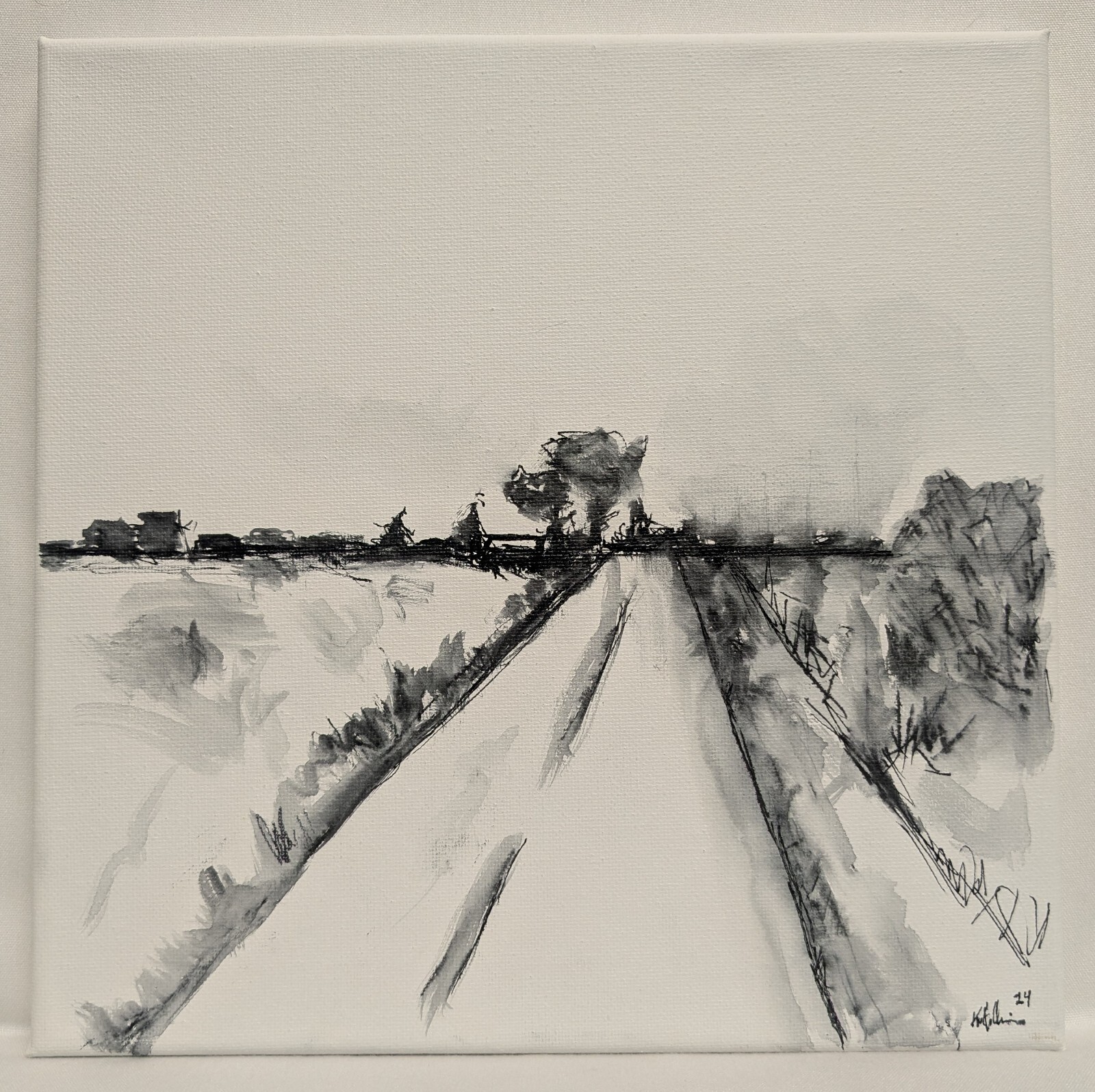 Original Abstract Minimal Ink Landscape Painting By K.A.Davis » Lonely Road «