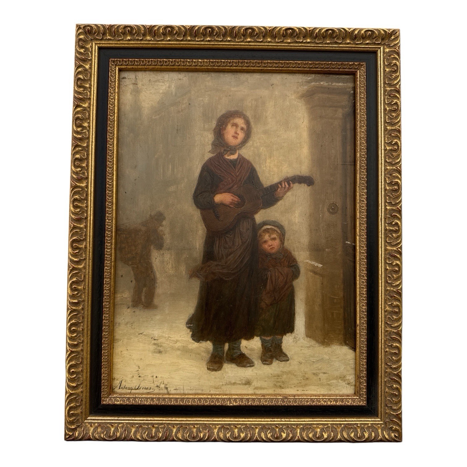 French School Litho Woman Child Street Musician Paris Antony Serres