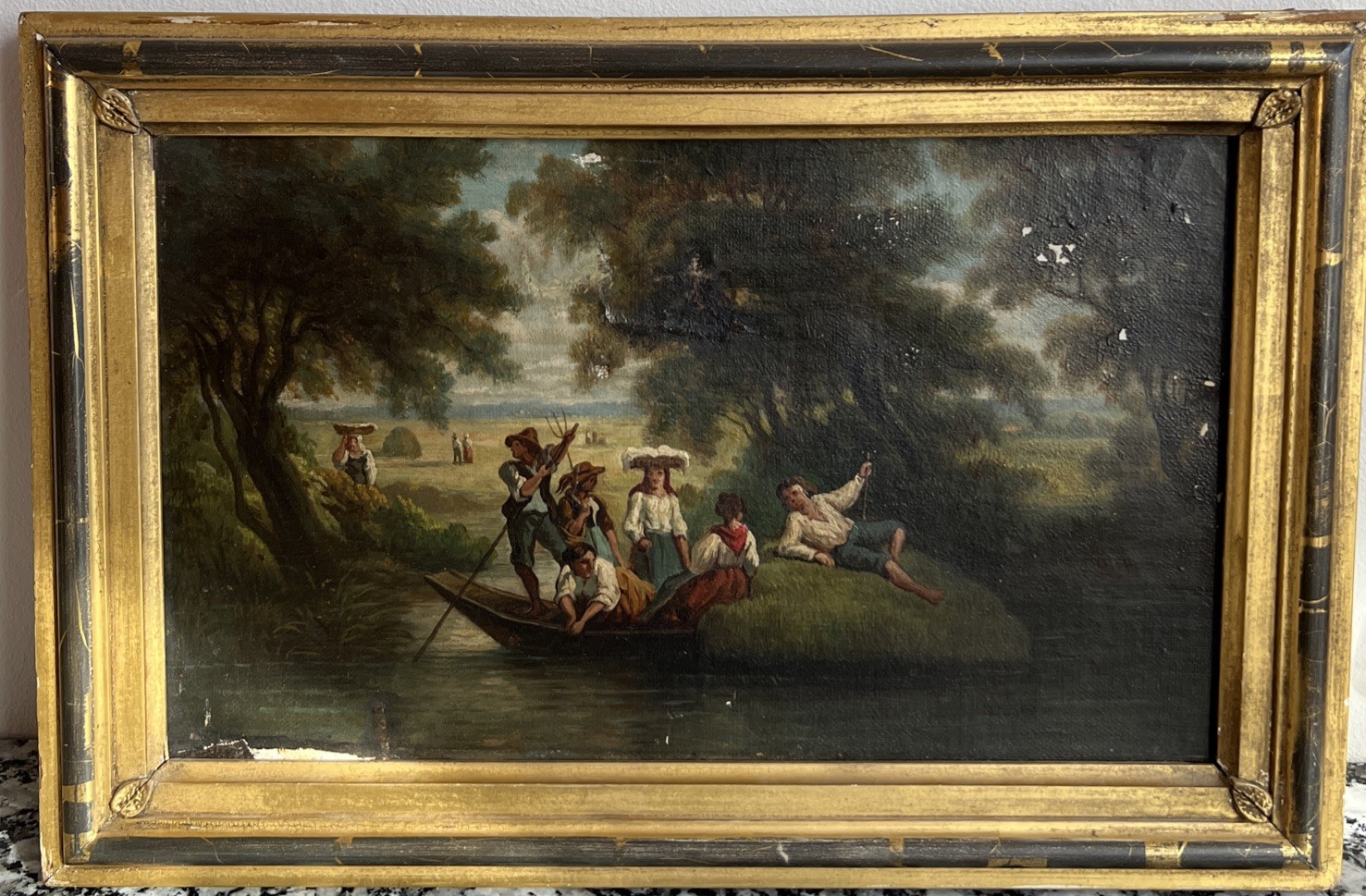 American/European 1850s Pastoral Oil on Canvas Gilt Framed 19th Century Painting