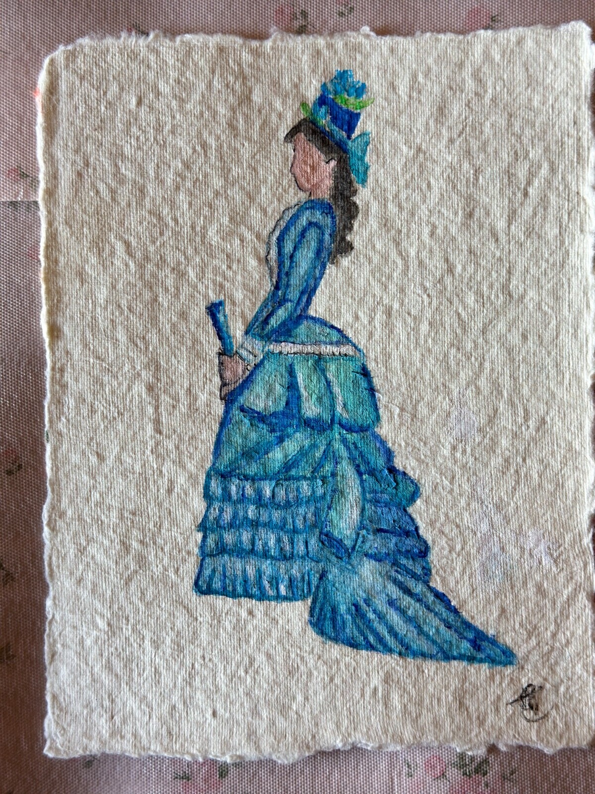 Original Painting OOAK – Victorian fashion Lady dress Blue Shabby chic –