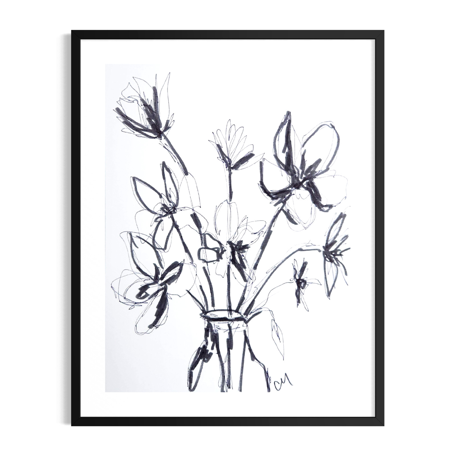 Original Minimalist 9×12 Acrylic Painting Black White Flowers Wall Art Paper
