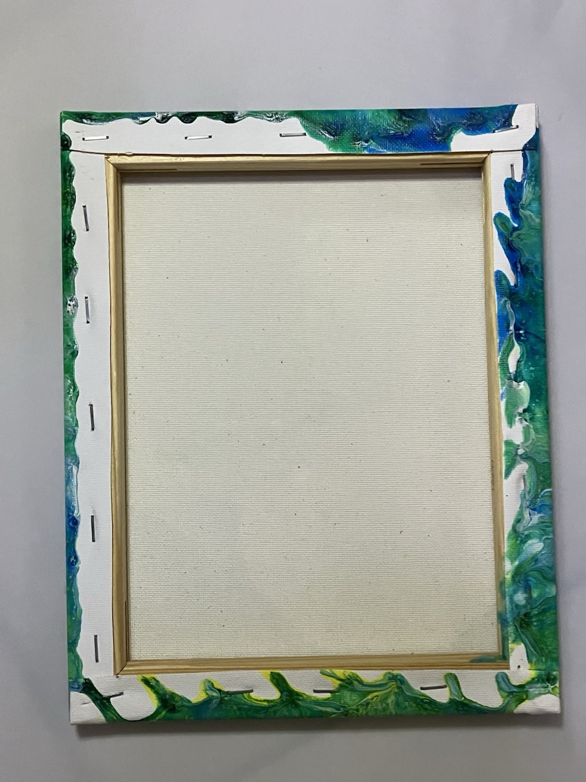 Original Abstract Crayon Acrylic Pour Artwork On Canvas Blue, Green, And White