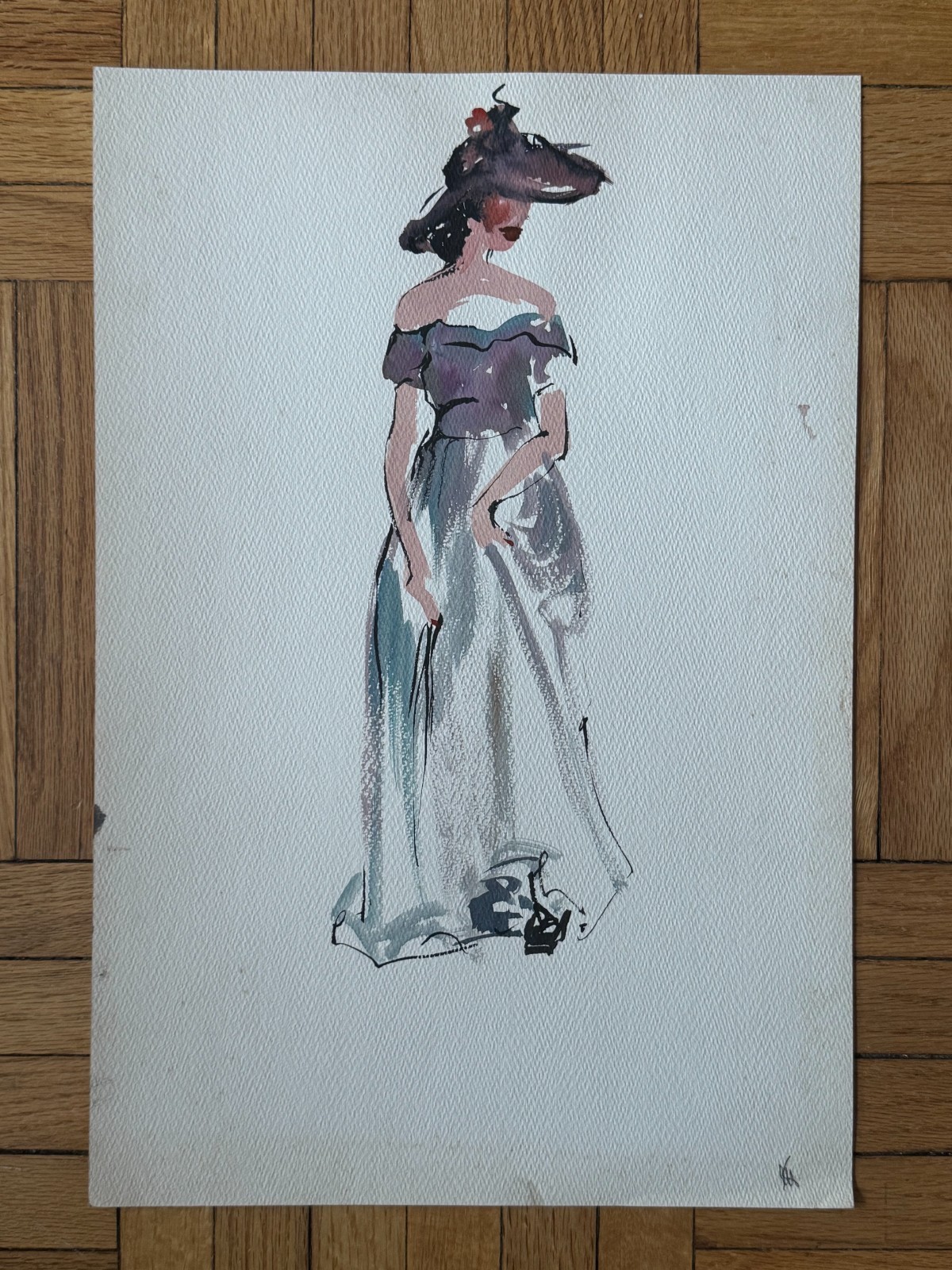 VTG 1950’s MCM Watercolor Painting Woman in Dress Womens Fashion 18 x 12