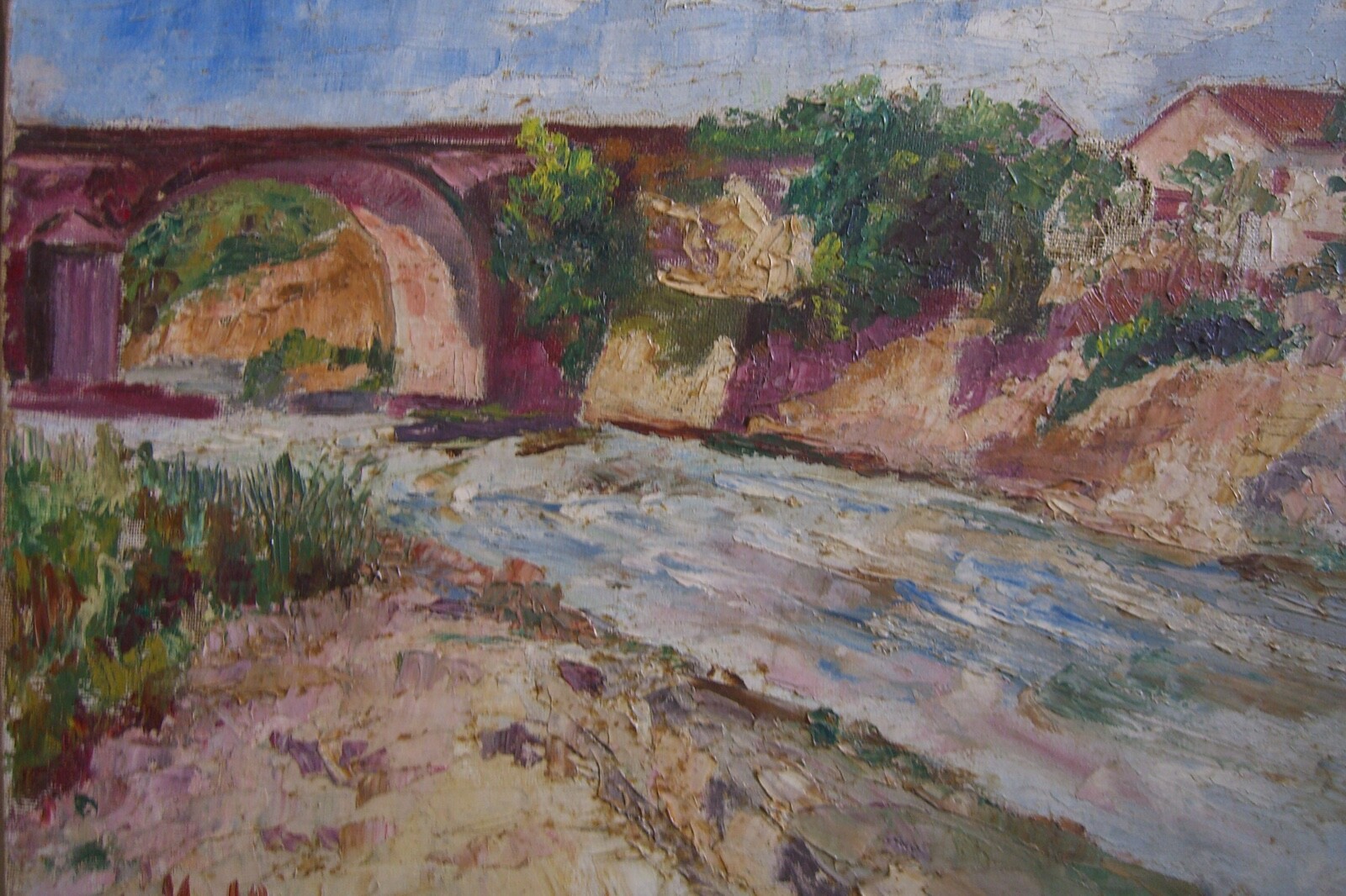 A. MATHIEU Oil on Canvas River Landscape with Bridge Signed 40 cm x 32 cm Used