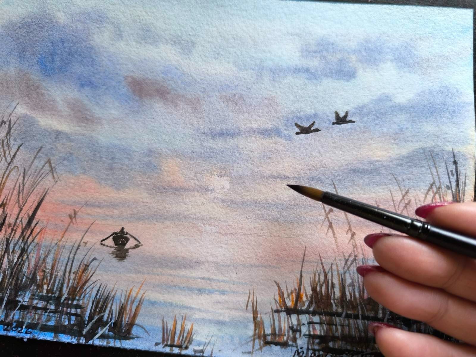 LONELY FISHERMAN BOAT Original Painting Artwork Landscape DUCKS Seascape Gift A5
