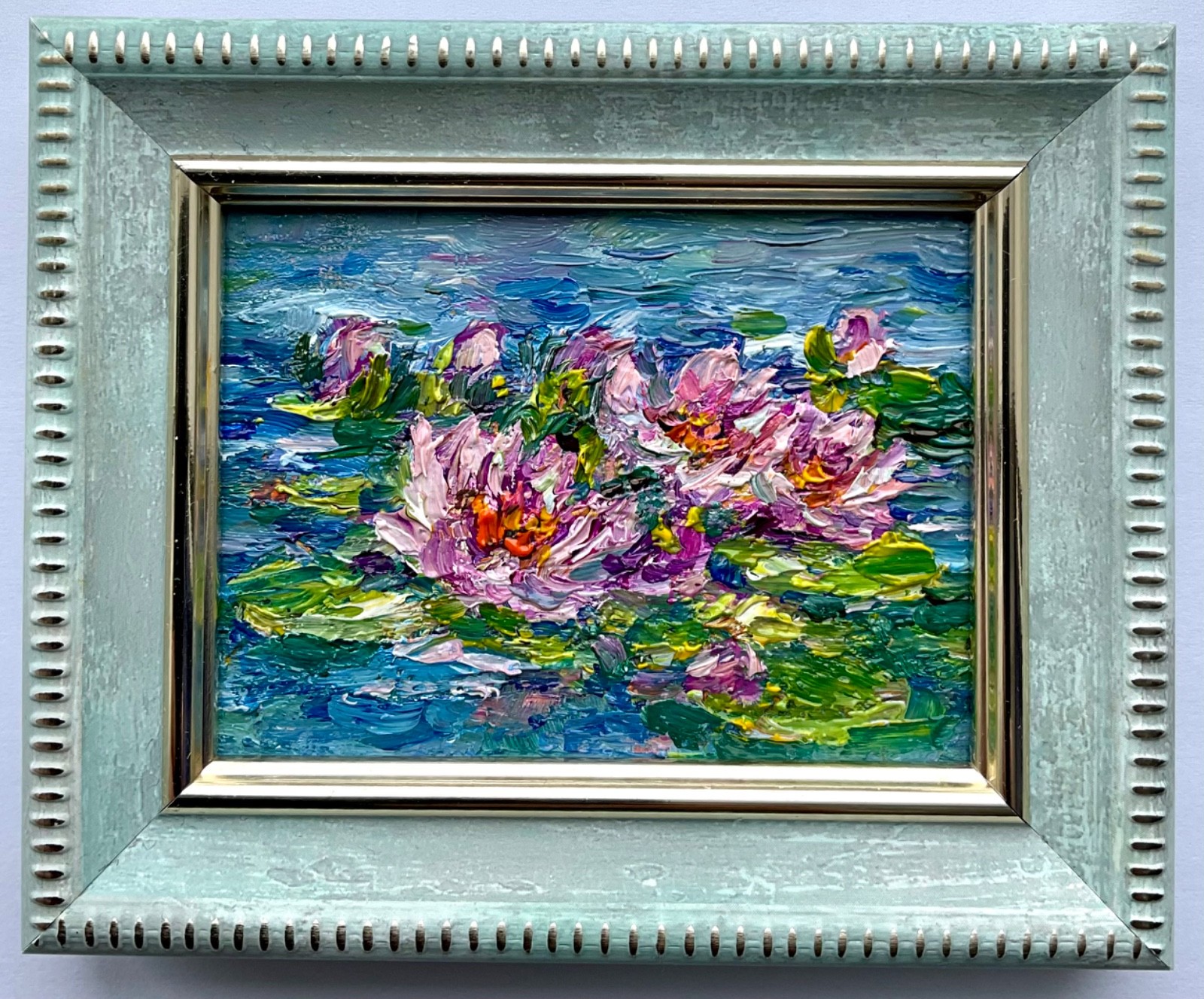 Water Lilies Original Oil Painting Flower Lotus Collectable Mini Art 2.4x3in OS