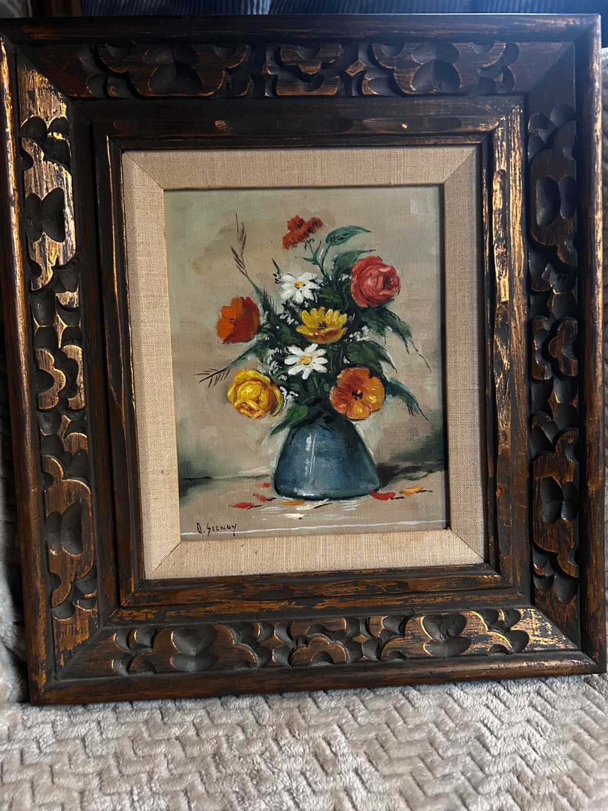 GORGEOUS Anco BiltFRAME floral still life oil painting signed 16×18 original art