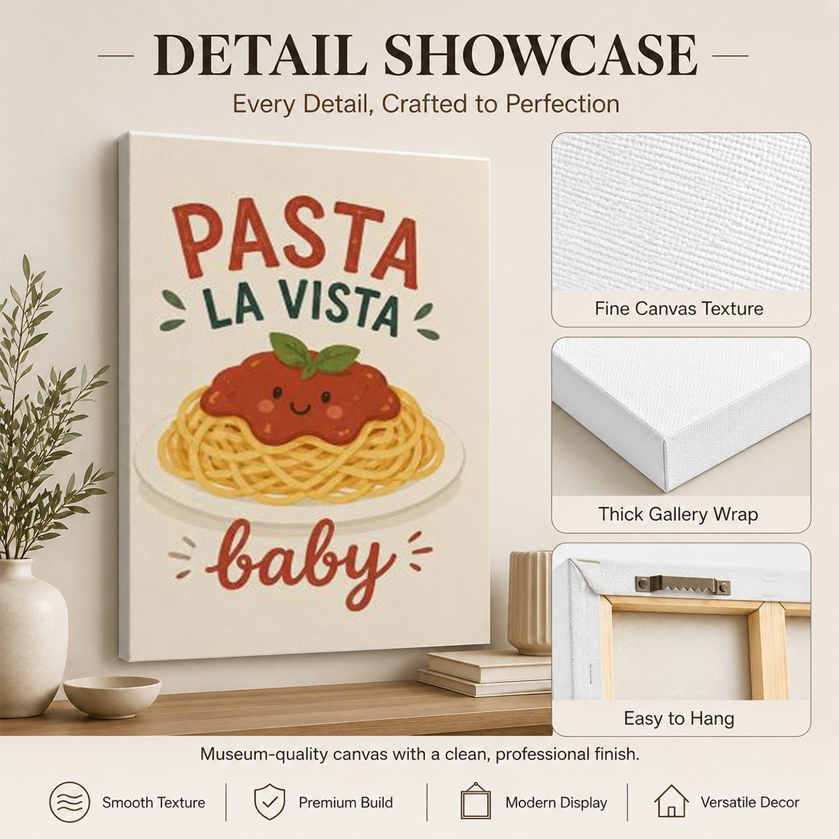 Pasta La Vista Baby Canvas Wall Art, Funny Pasta Kitchen Decor Italian Food Wall